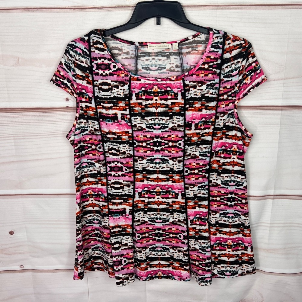 Maria Gabrielle Top Womens 3X Multicolor Printed Blouse Cap Sleeve Knit A-Line